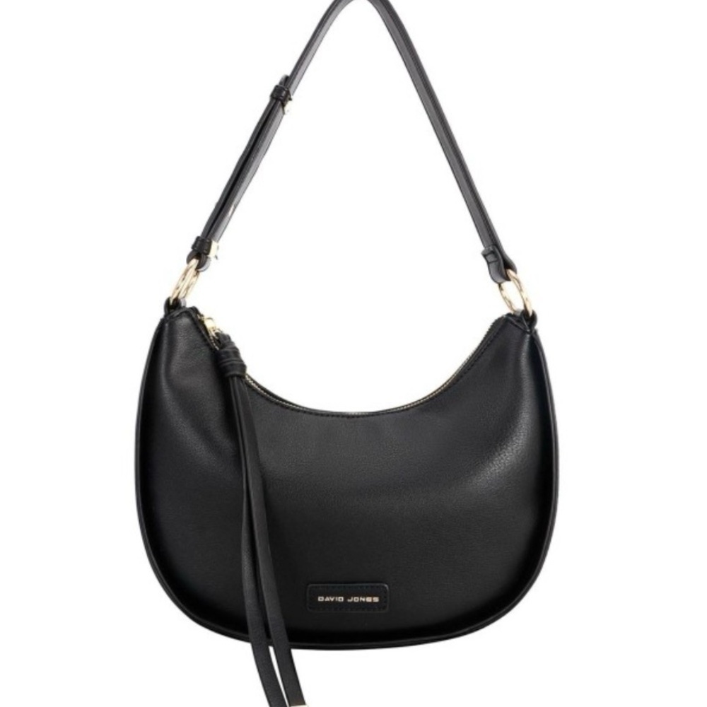 David Jones Black Modern Round Shoulder Bag Faux Leather Hobo Crossbody NWT